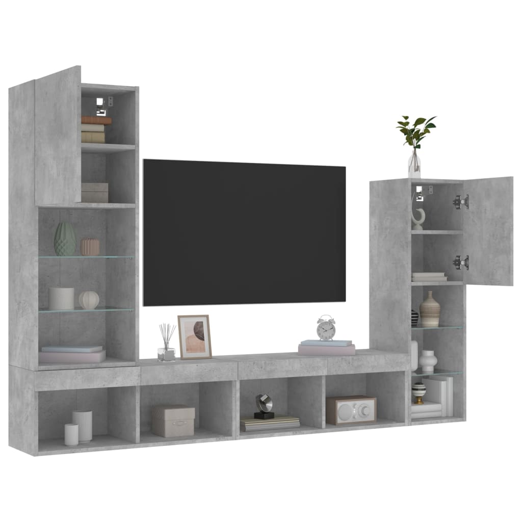 4 Piece TV Wall Units with LED Concrete Grey Engineered Wood