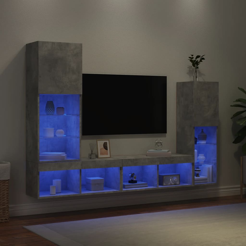 4 Piece TV Wall Units with LED Concrete Grey Engineered Wood
