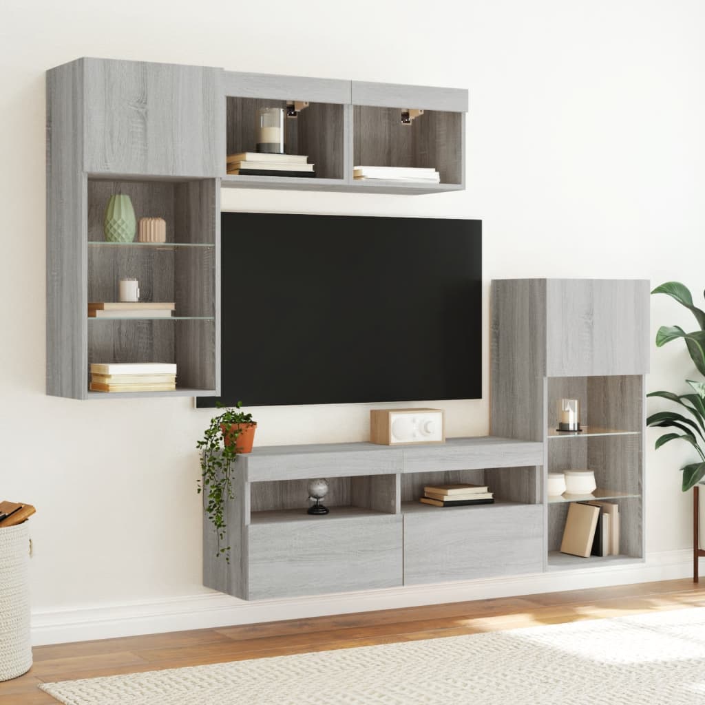 5 Piece TV Wall Units with LED Grey Sonoma Engineered Wood
