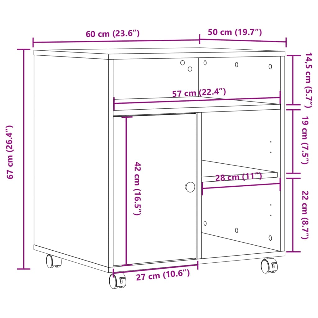 Printer Stand with Wheels Smoked Oak 60x50x67 cm