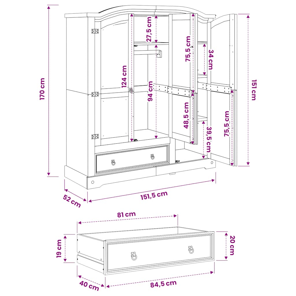 Wardrobe Corona 151.5x52x170 cm Solid Wood Pine