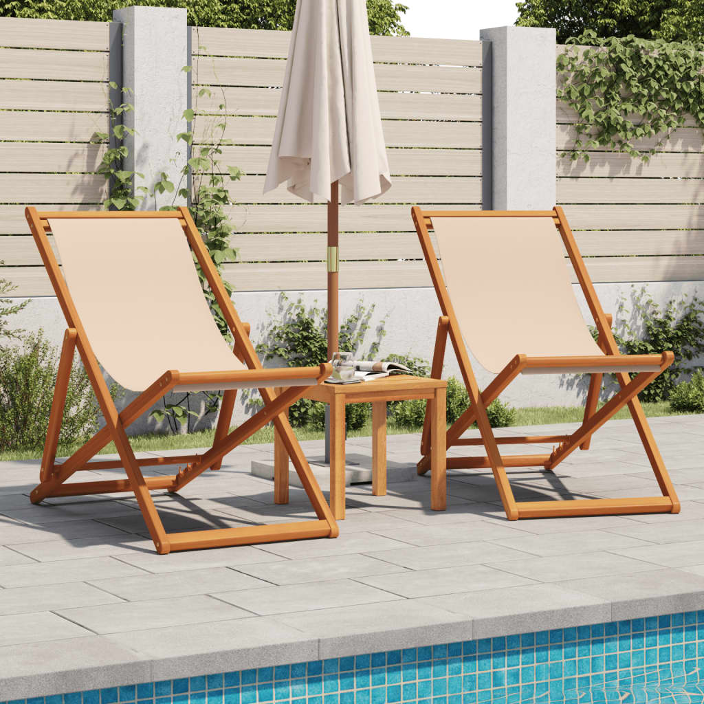 Folding Chairs 2 pcs Beige Fabric and Solid Wood