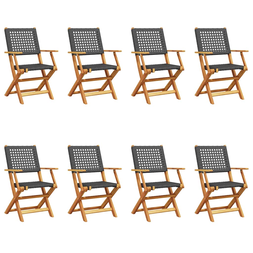 Folding Chairs 8 pcs Black Poly Rattan and Solid Wood