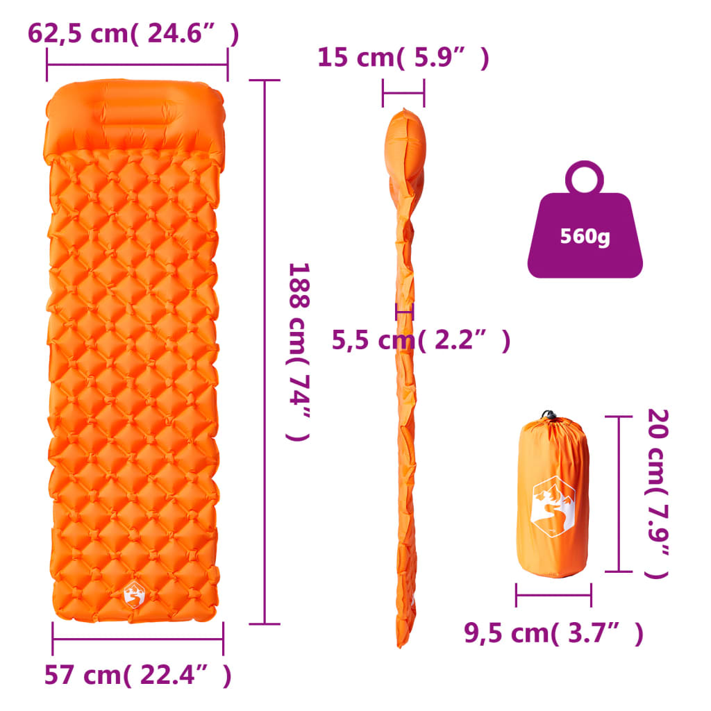 Inflating Camping Mattress with Pillow 1-Person Orange