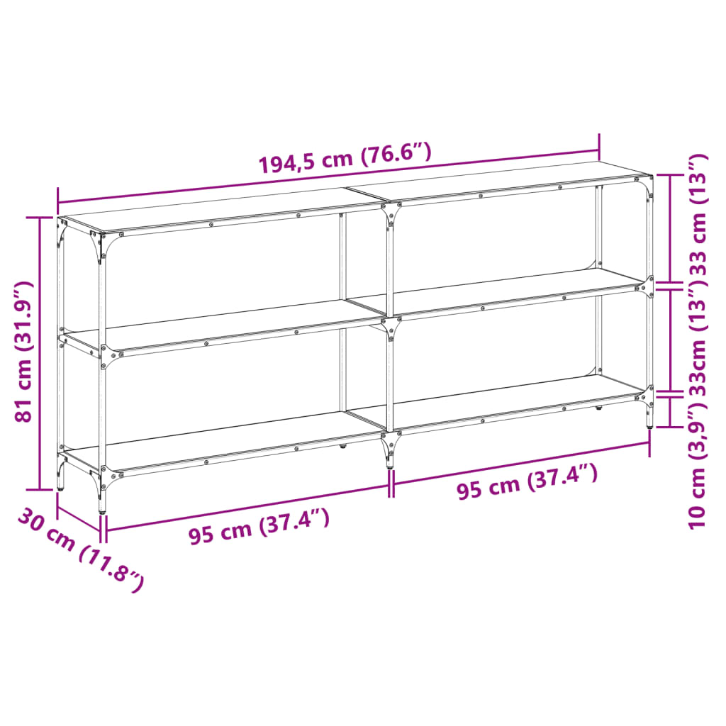 Console Table with Black Glass Top 194.5x30x81 cm Steel