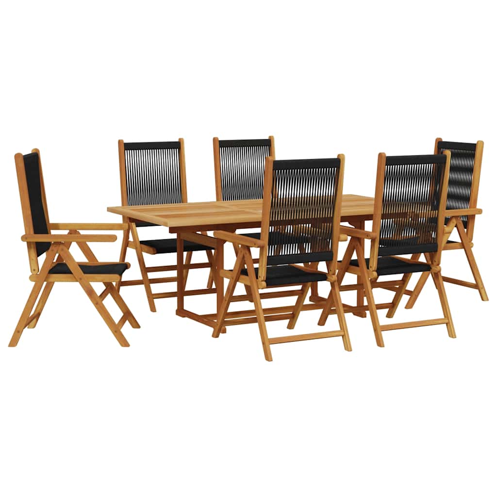 7 Piece Garden Dining Set Black Polypropylene and Solid Wood
