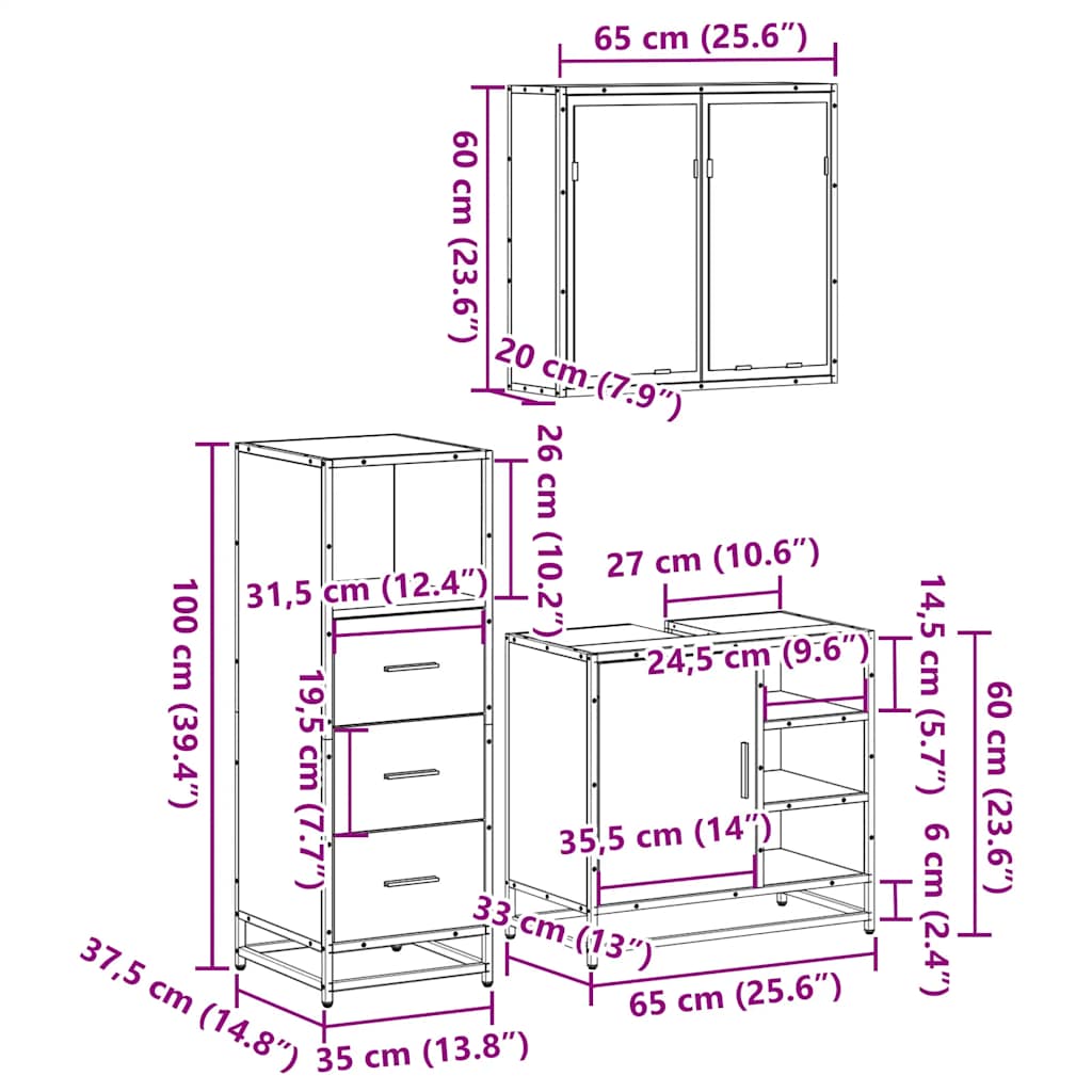 3 Piece Bathroom Furniture Set Sonoma Oak Engineered Wood