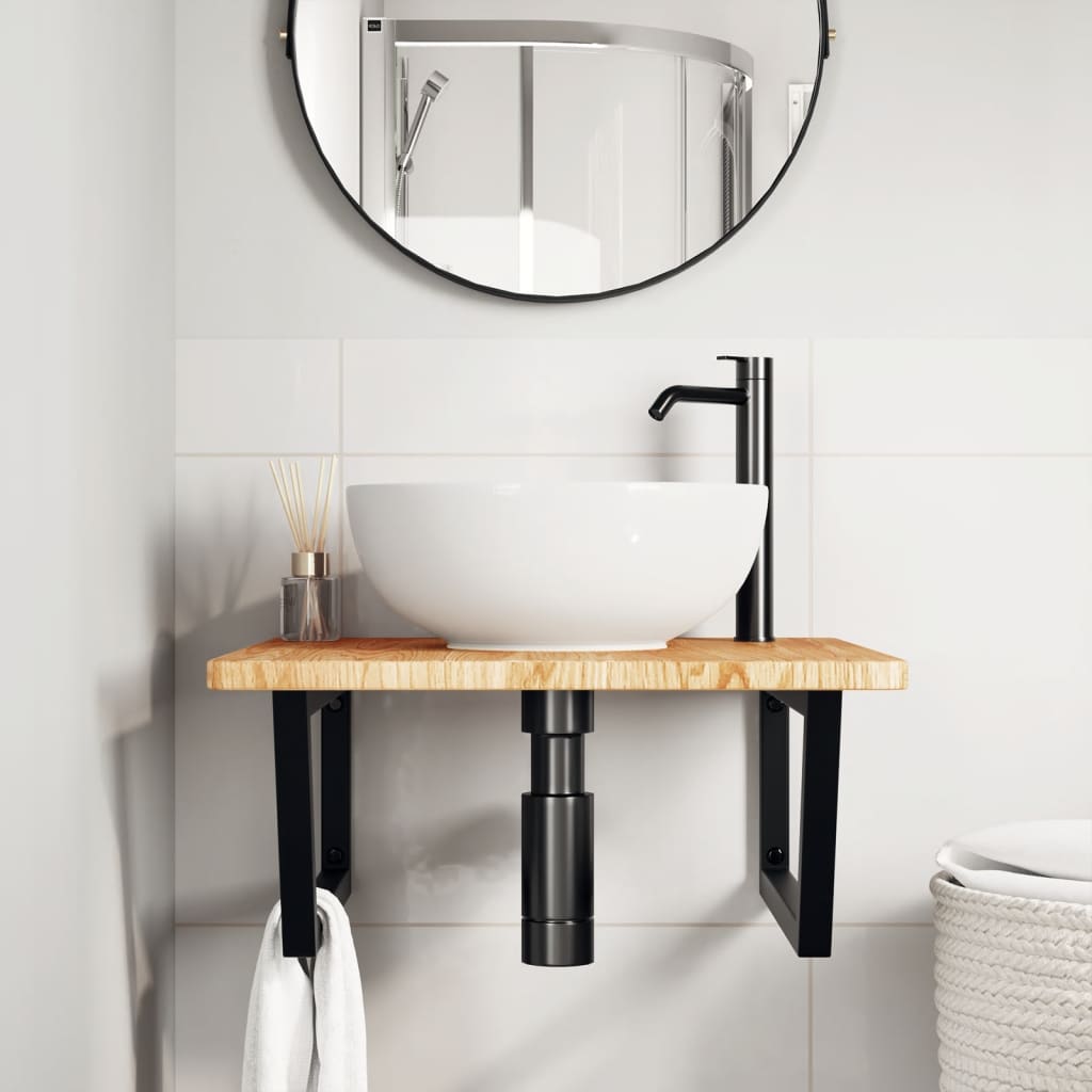 Basin Shelf Wall Mounted Steel and Solid Wood Oak