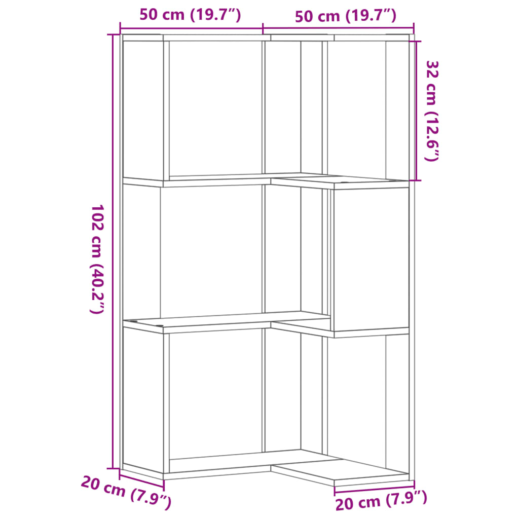 Corner Bookcase 3-Tier Grey Sonoma 50x50x102 cm Engineered Wood