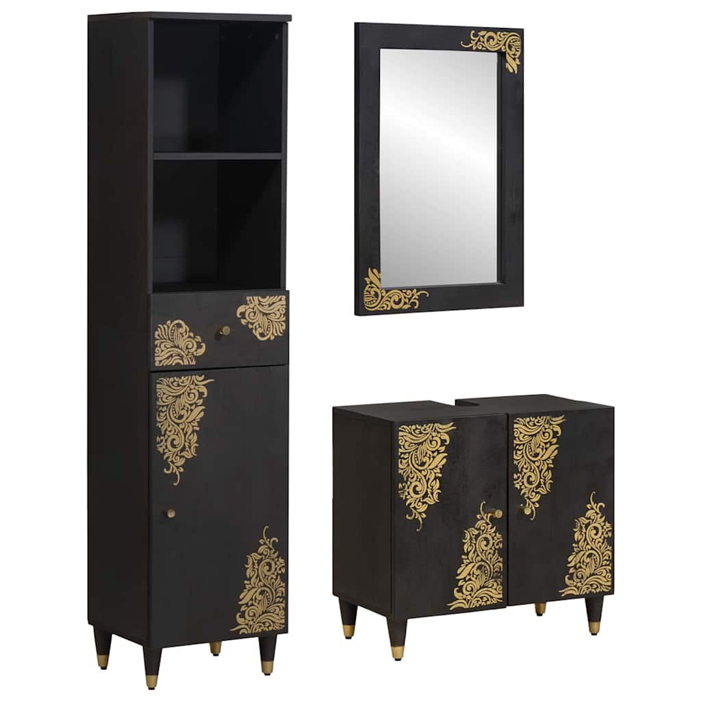 Bathroom Cabinet Set 3 pcs Black Solid Mango Wood