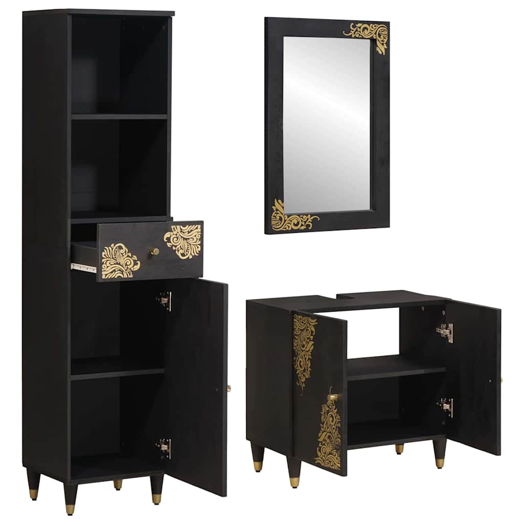 Bathroom Cabinet Set 3 pcs Black Solid Mango Wood
