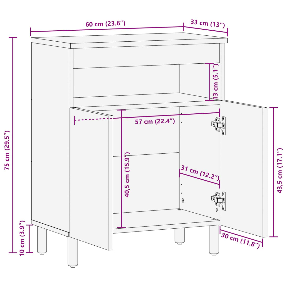 Sideboard Acacia Brown Finish 60 x 33 x 75 cm Solid Mango Wood