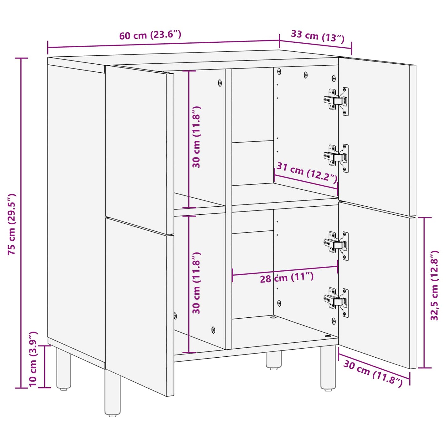 Sideboard Acacia Brown Finish 60 x 33 x 75 cm Solid Mango Wood