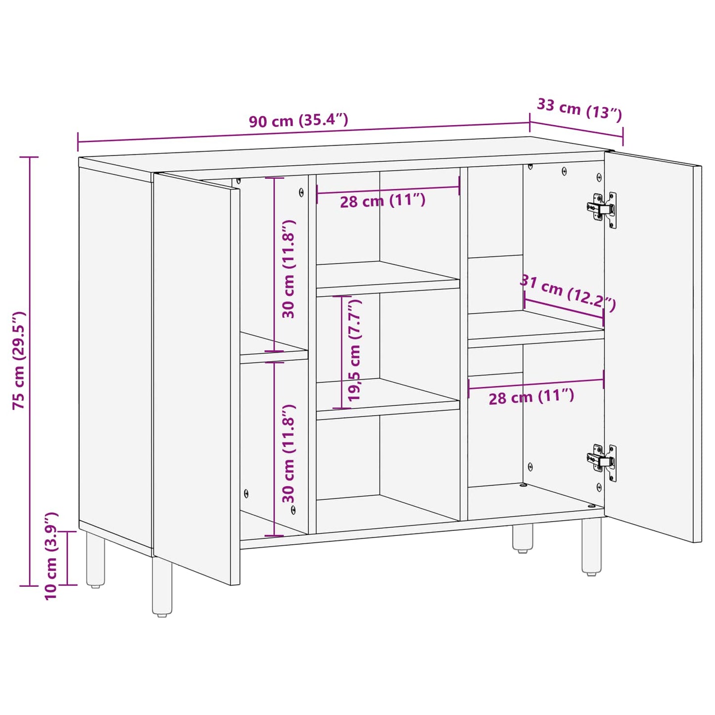 Sideboard Acacia Brown Finish 90 x 33 x 75 cm Solid Mango Wood