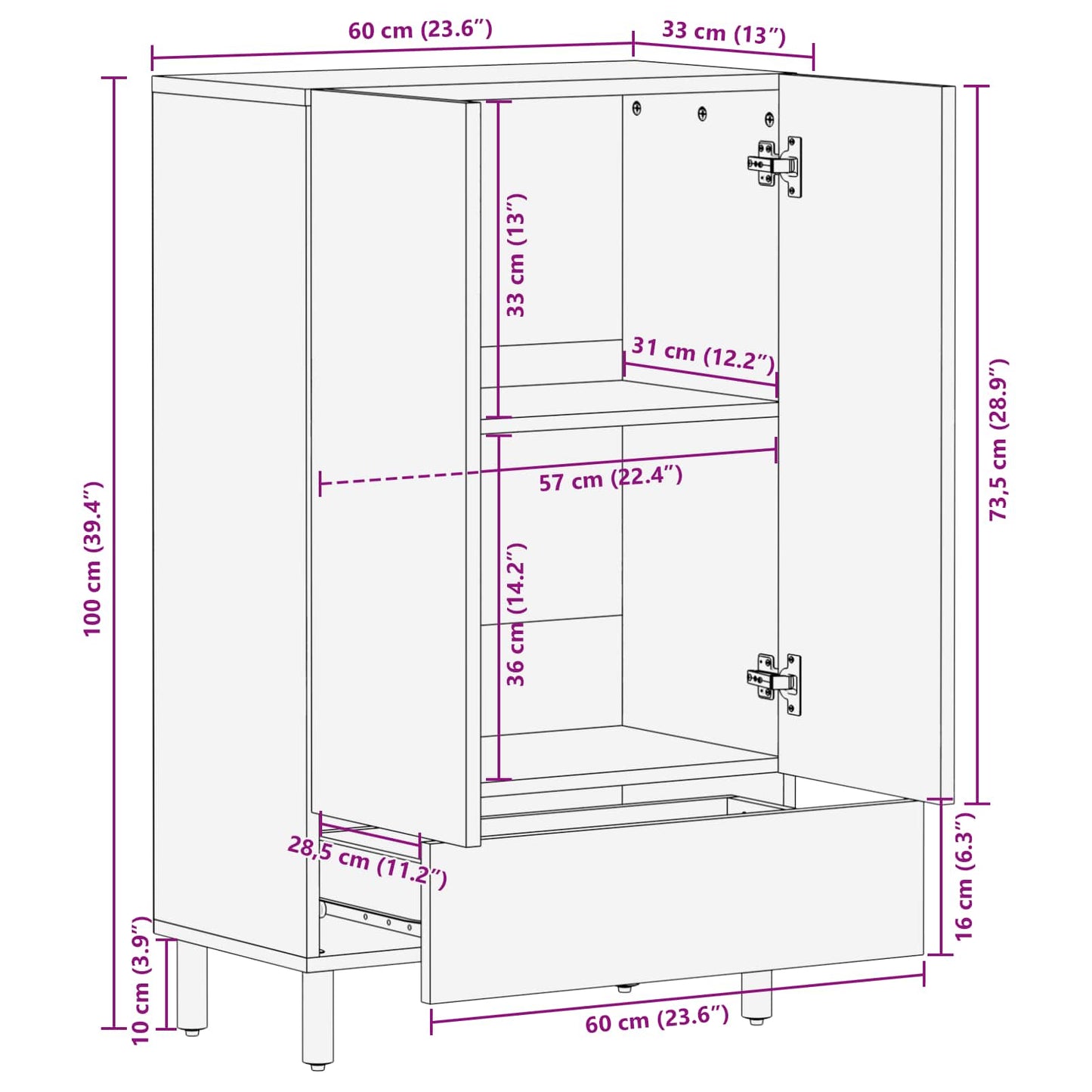 Highboard Acacia Brown Finish 60 x 33 x 100 cm Solid Mango Wood