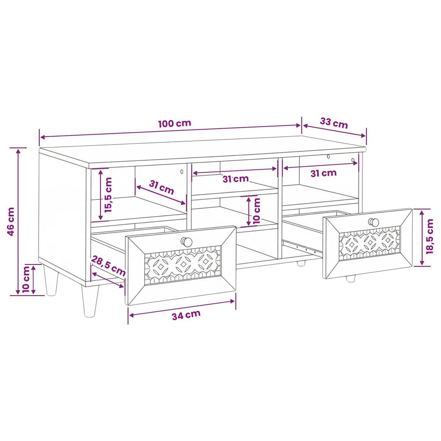 TV Cabinet with Drawer 100 x 33 x 46 cm Solid Mango Wood