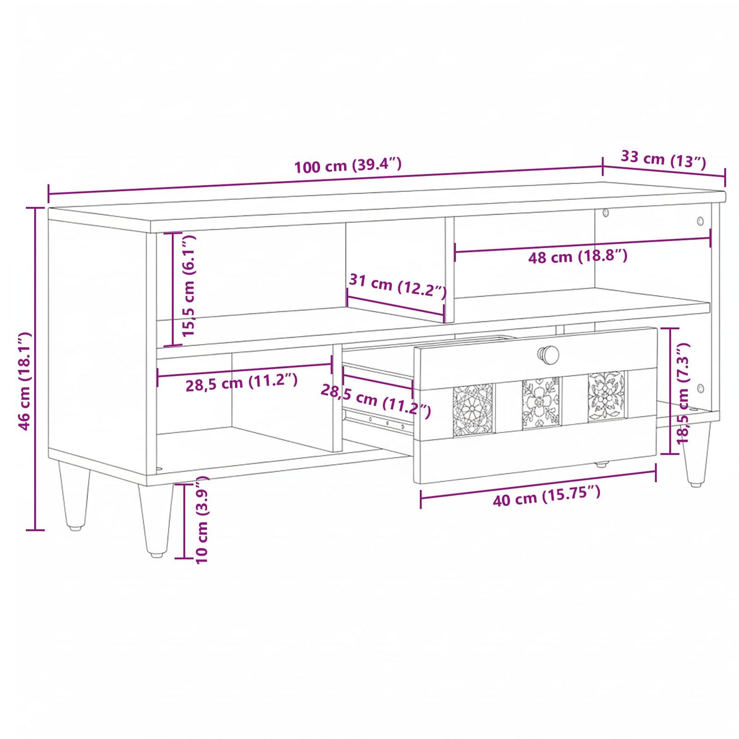TV Cabinet with Shelf Natural 100 x 33 x 46 cm Solid Mango Wood