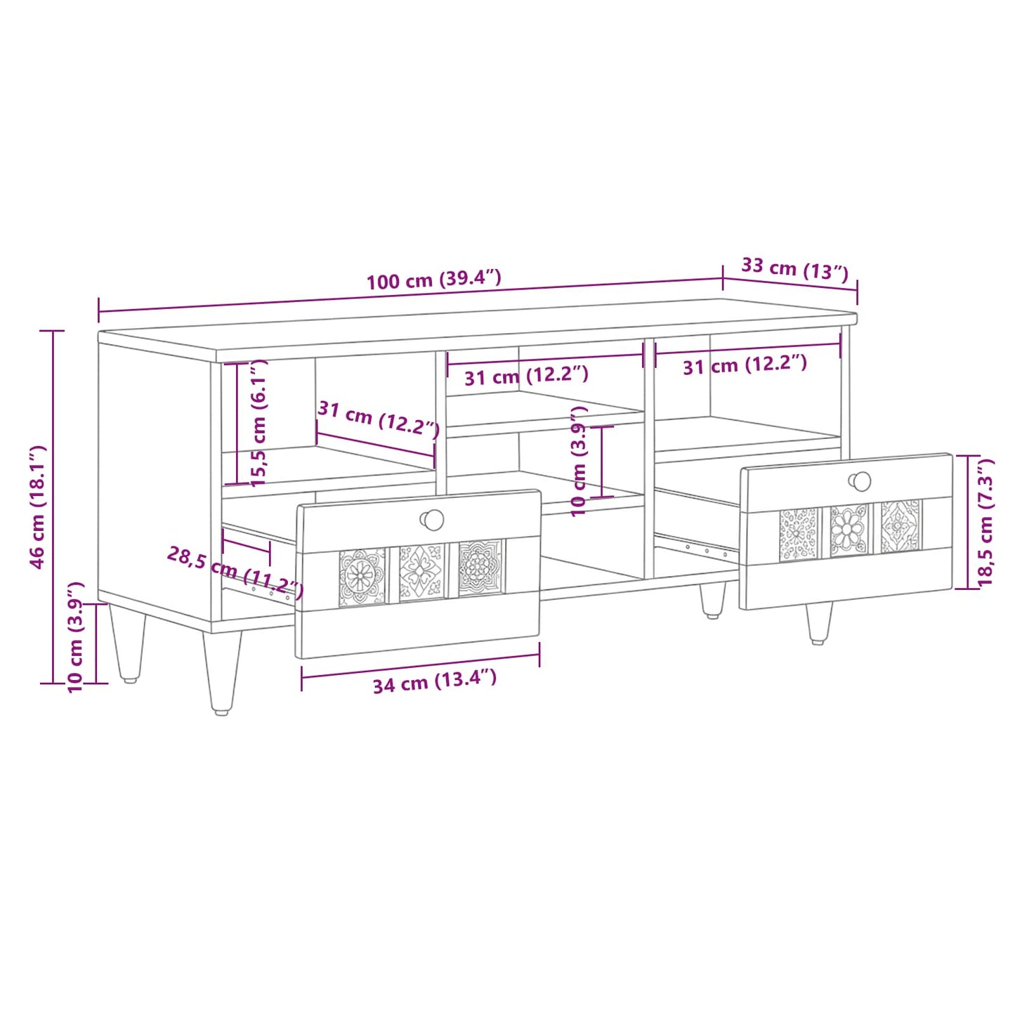 TV Cabinet with Shelf Natural 100 x 33 x 46 cm Solid Mango Wood