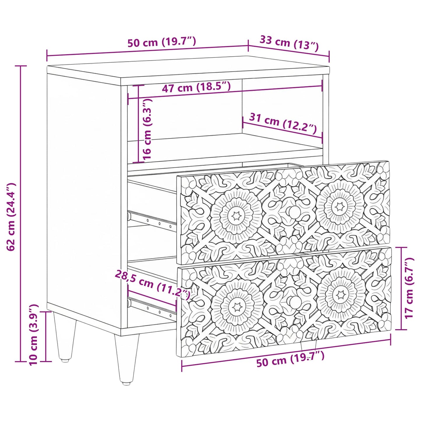 Bed cabinet Brown 50 x 33 x 60 cm Solid Mango Wood