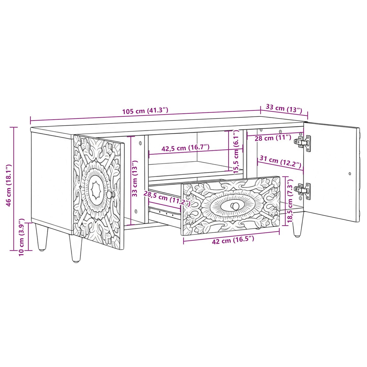 TV Cabinet Brown 105 x 33.5 x 46 cm Solid Mango Wood