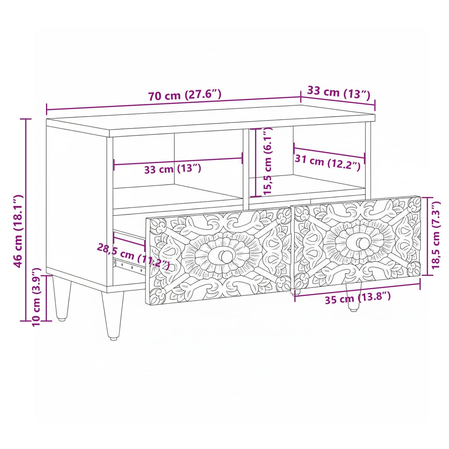 TV Cabinet White 70 x 33.5 x 46 cm Solid Mango Wood