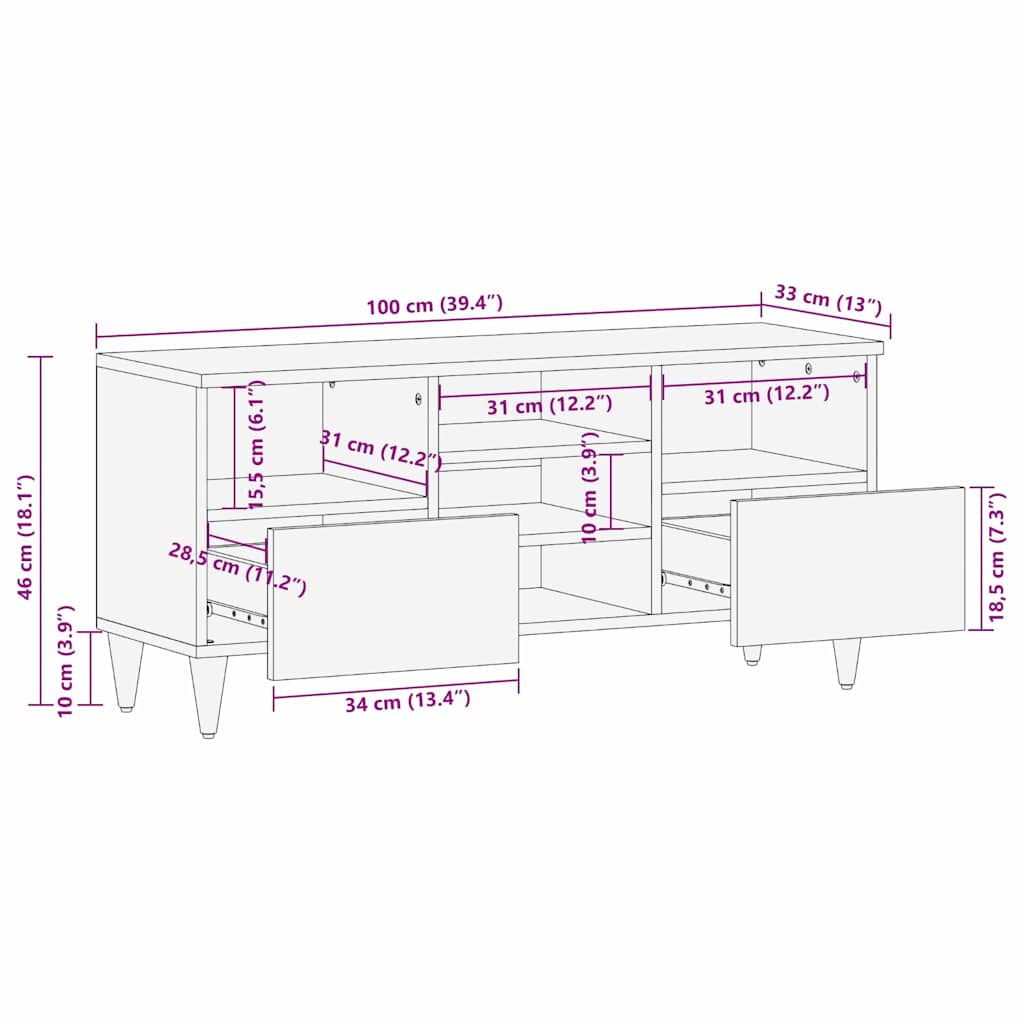 TV Cabinet Black 100 x 33 x 46 cm Solid Mango Wood
