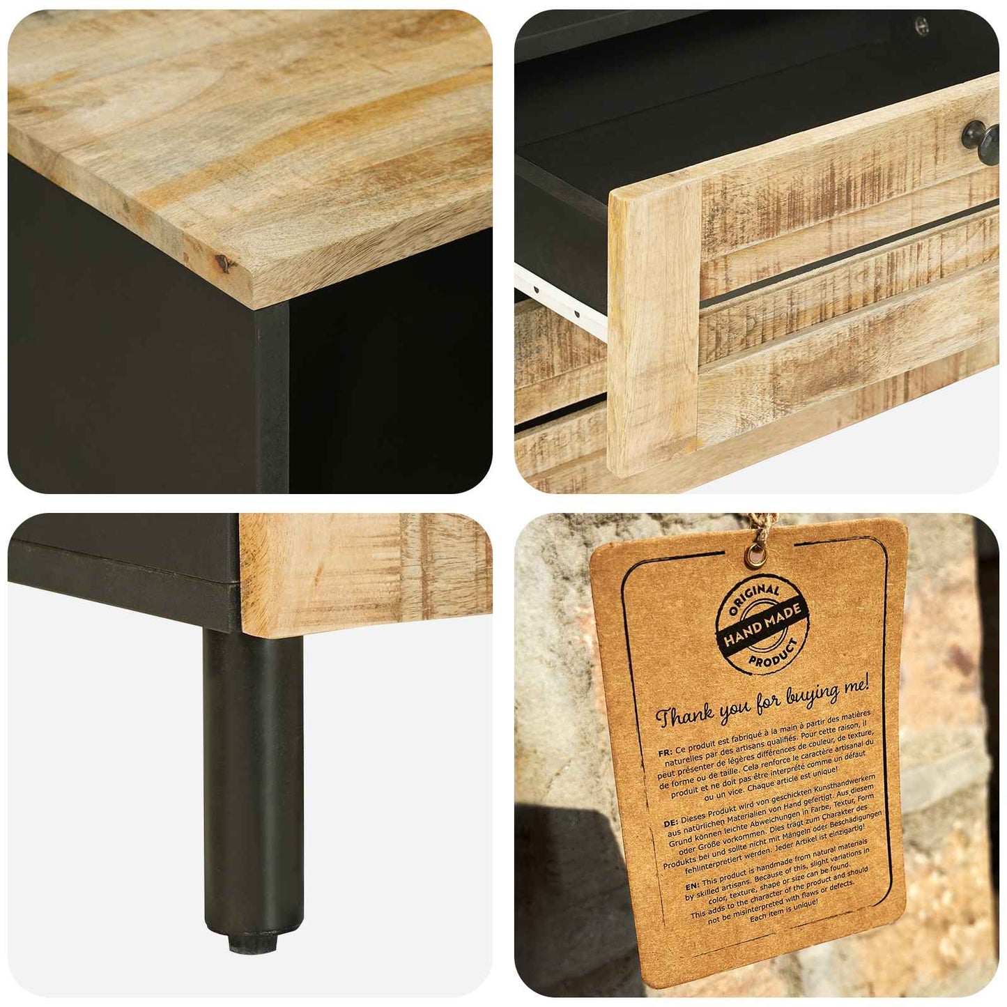 Bedside Table Brown and Black 50 x 33 x 60 cm Solid Mango Wood