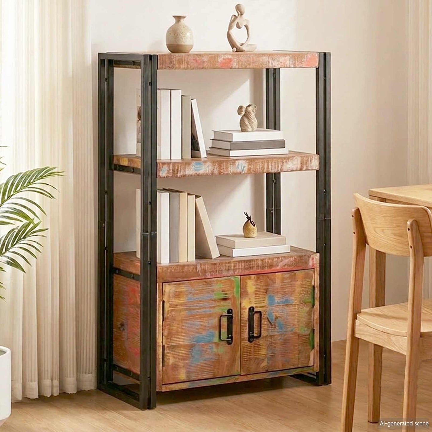 Bookshelf with Doors Brown Solid Reclaimed Wood and Metal