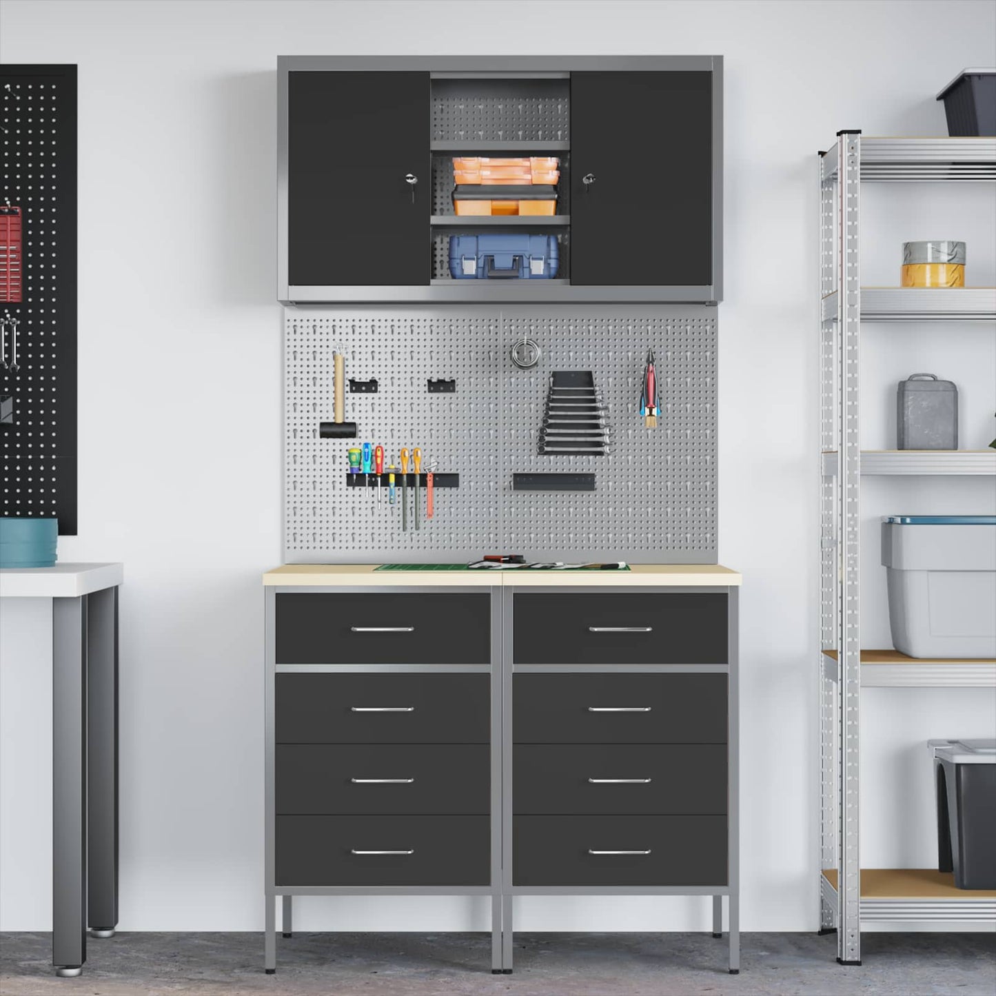 Work Cabinet Set with Drawer with Shelf Manual 5 pcs Black