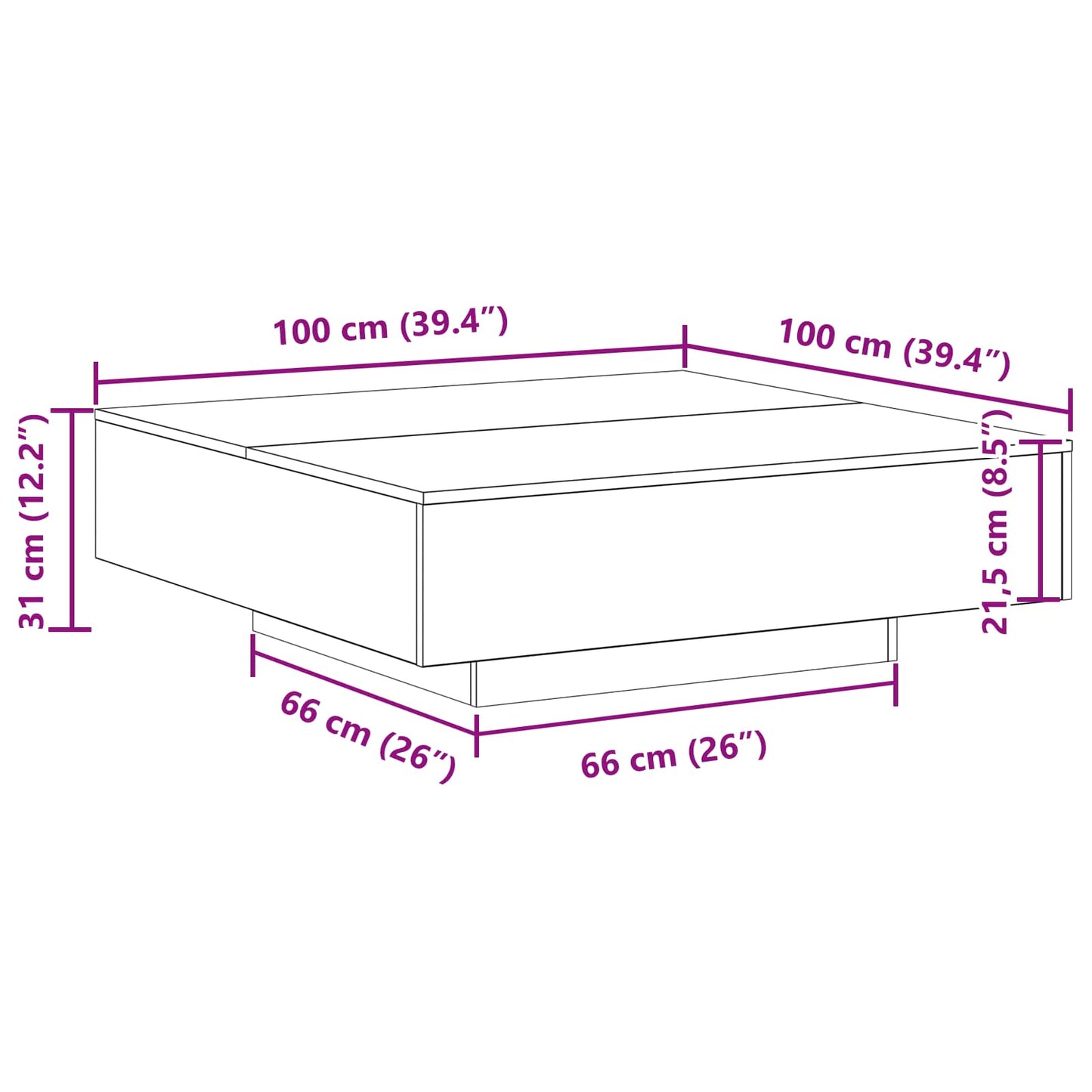 Coffee Table with LED Strip Lights Black Oak 100 x 100 x 31 cm