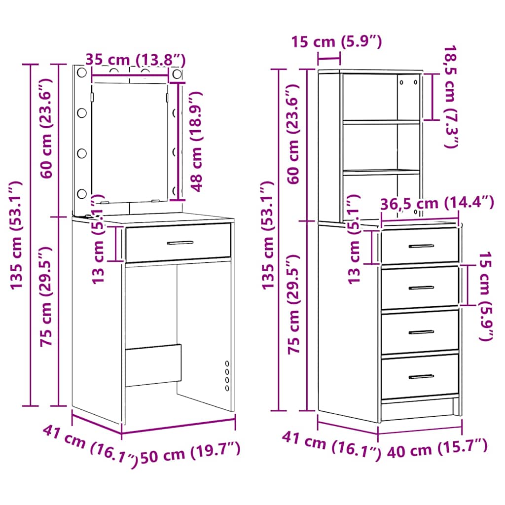 Dressing Table 2 pcs Black 50 x 41 x 135 cm Engineered Wood
