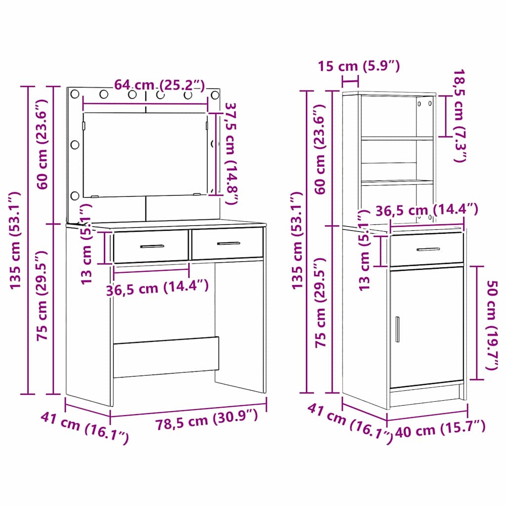 Dressing Table 2 pcs Brown 78.5 x 41 x 135 cm Engineered Wood