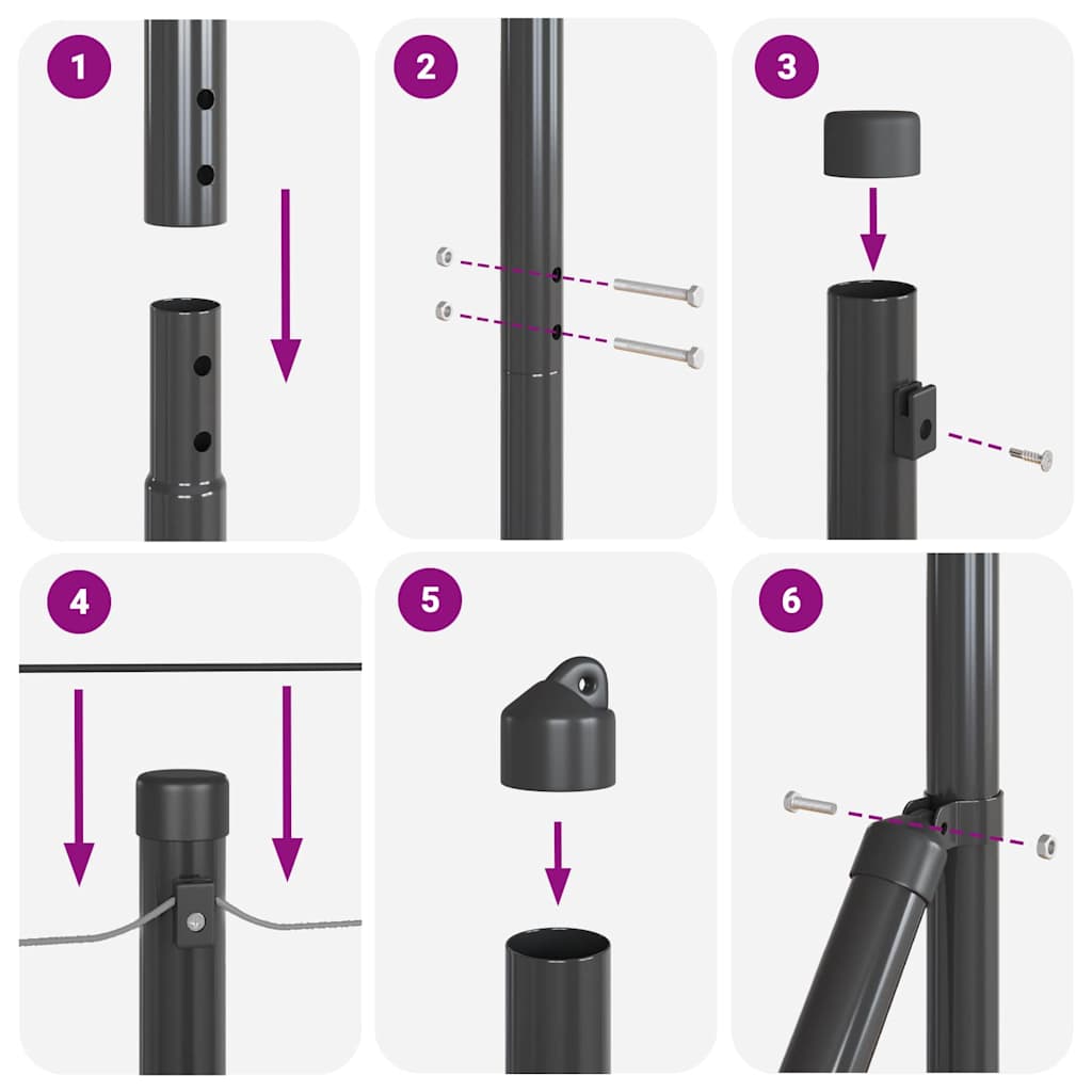 Fence Post with Concrete Base 7 pcs Grey Powder-Coated Steel