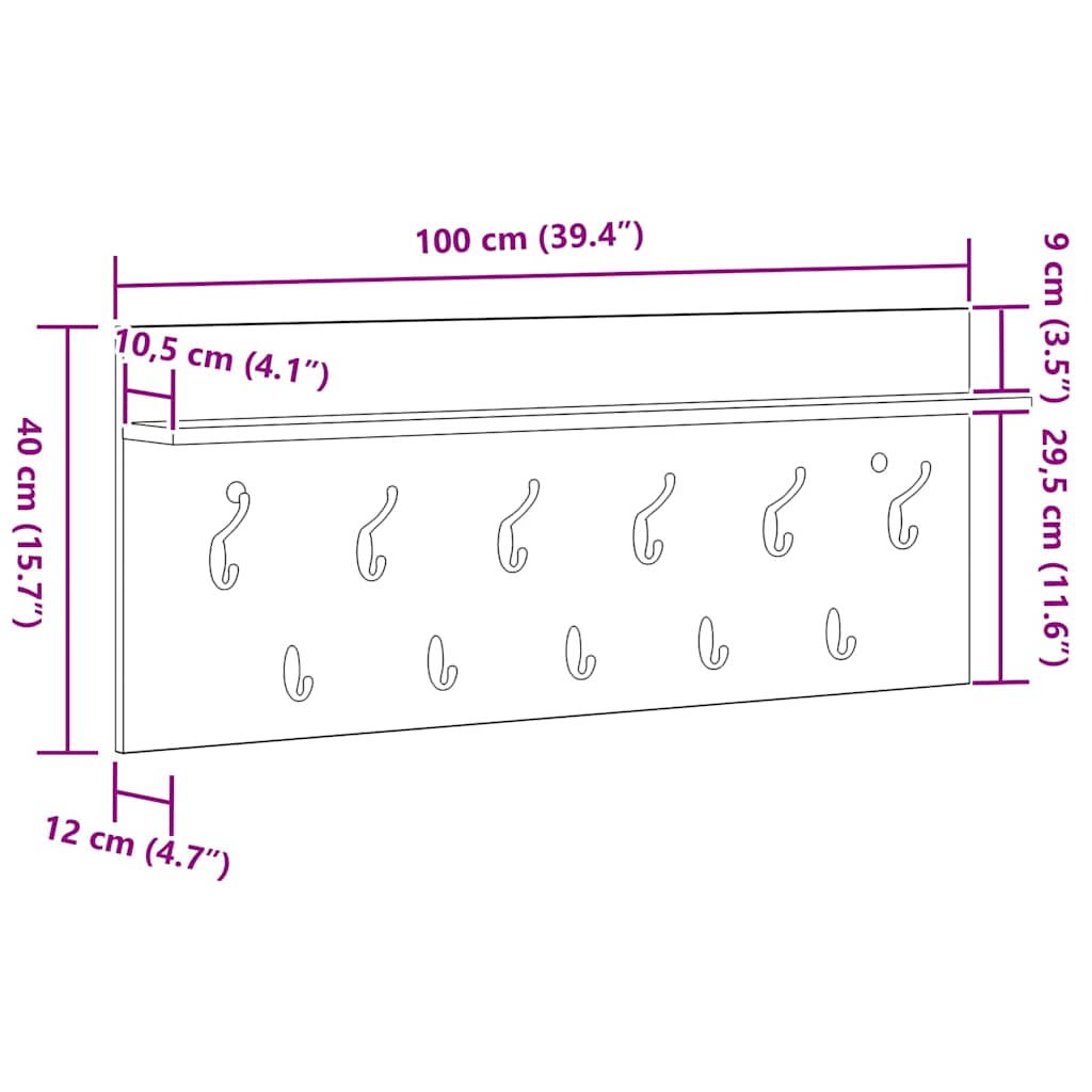 Wall-Mounted Coat Rack Sonoma Oak 100 x 40 x 12 cm