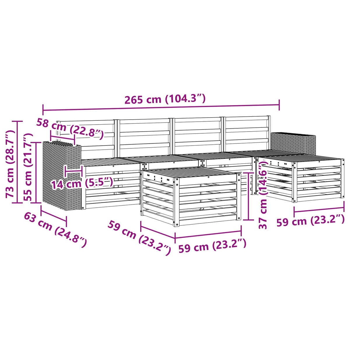 Outdoor Sofa Set 6 pcs 5-Seaters Natural Solid Acacia Wood