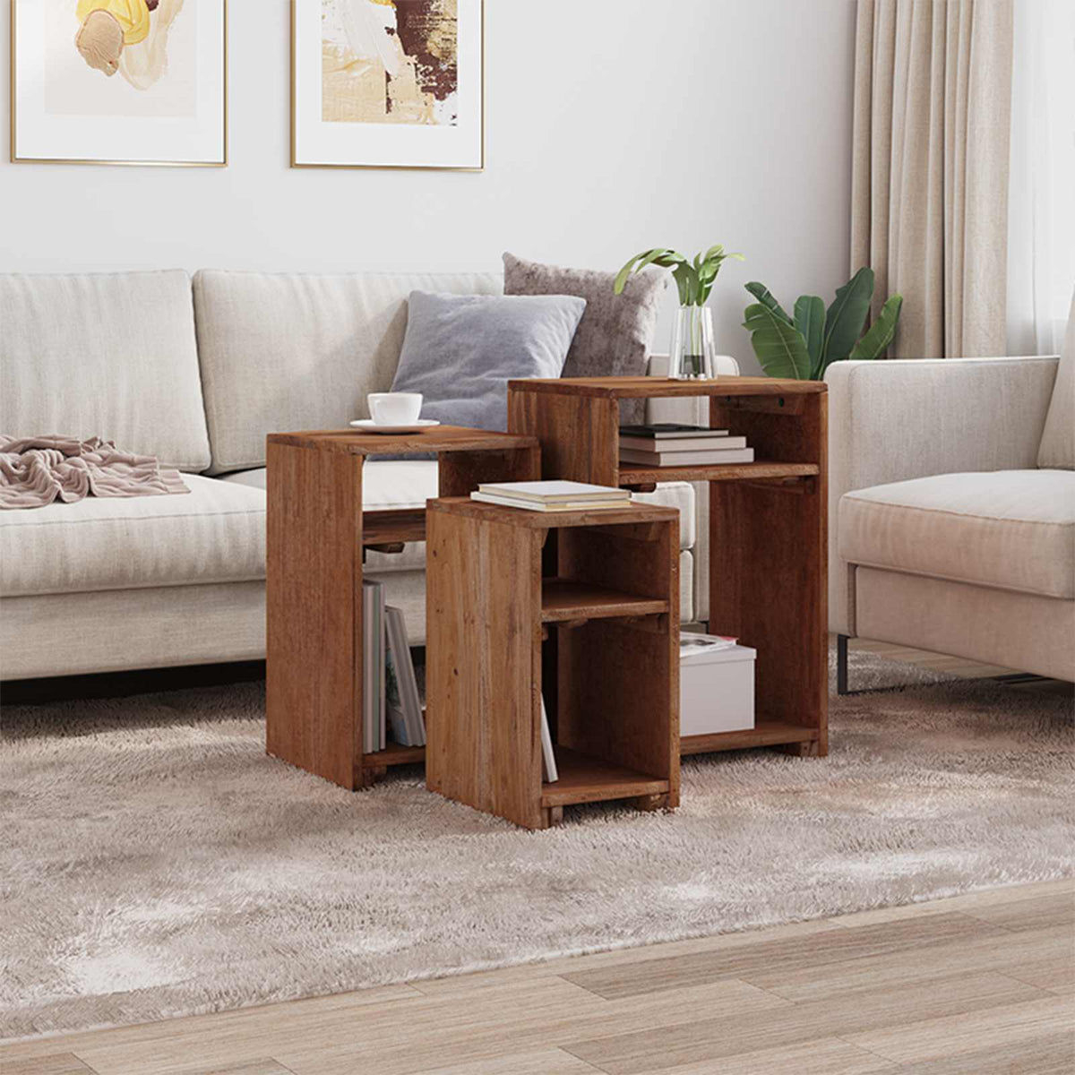 Accent Table with Shelf 3 pcs Brown Solid Mahogany Wood