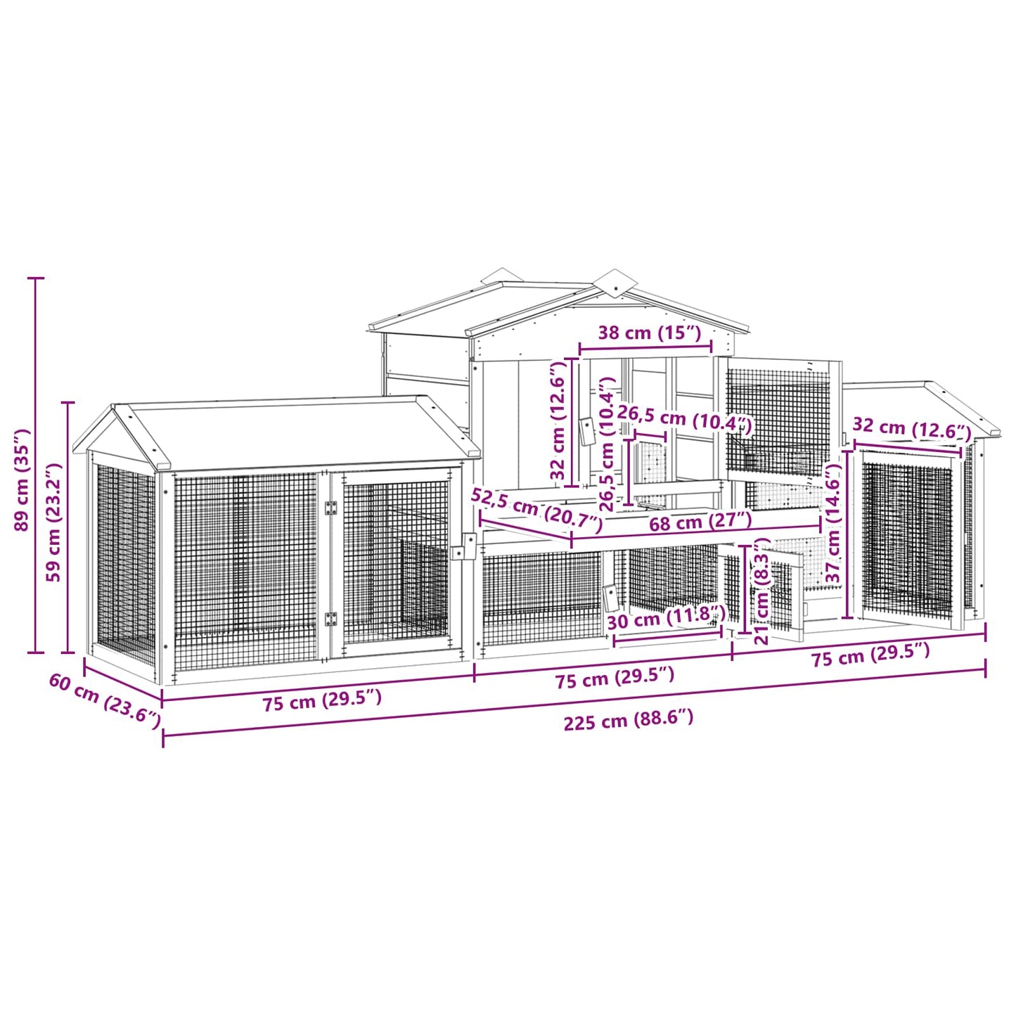 Chicken Coop 3 pcs Brown 225 x 60 x 89 cm Solid Pine Wood