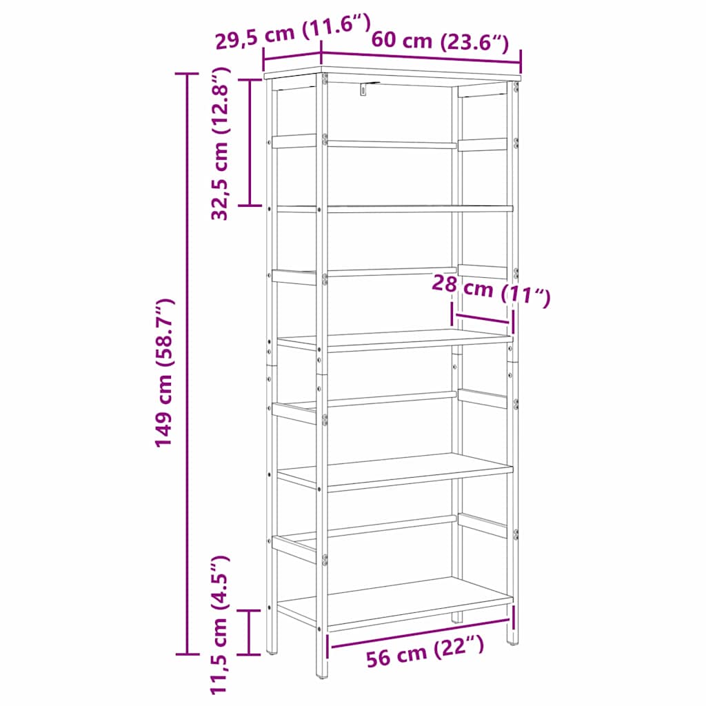 Bookshelf 4-Tier 60 x 29.5 x 149 cm Engineered Wood Old Wood