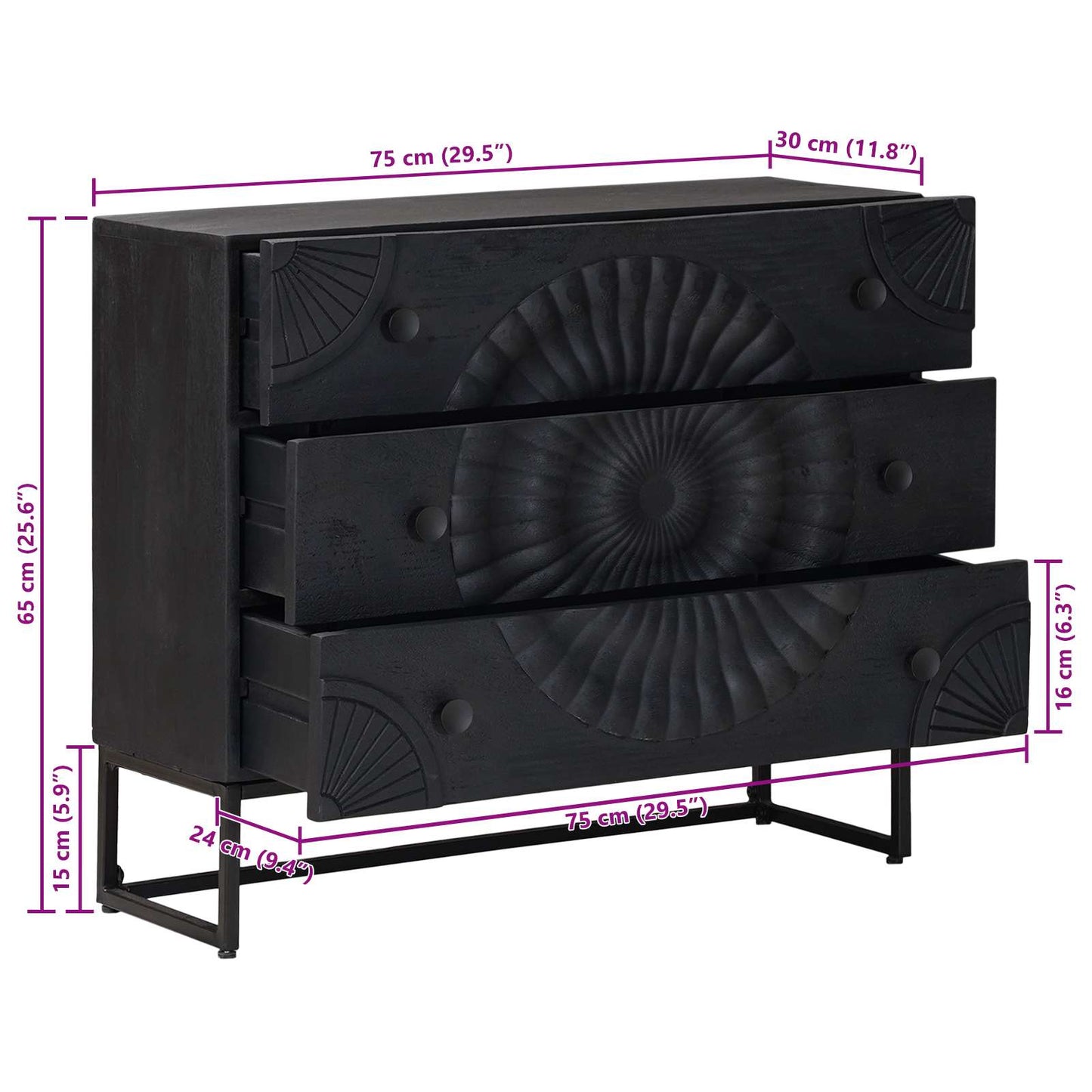 Drawer Cabinet Black 75 x 30 x 65 cm