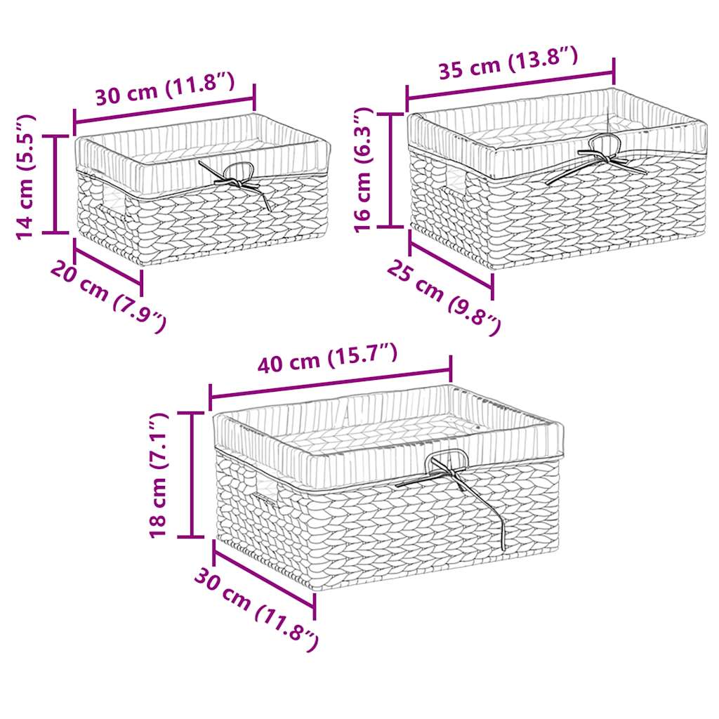 Storage Baskets 3 pcs Water Hyacinth 40 x 30 x 18 cm Natural