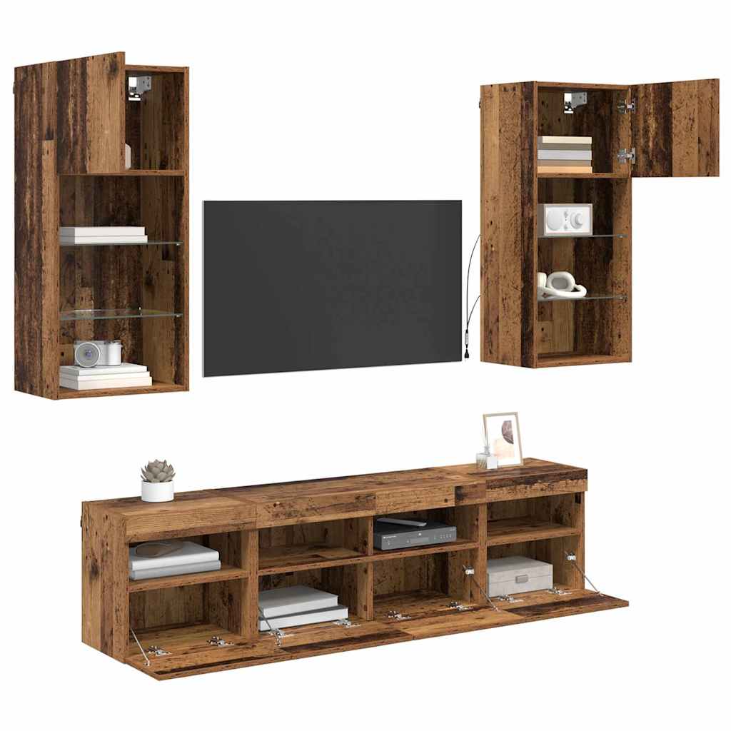 TV Wall Units with LED 5 pcs Old Wood Engineered Wood