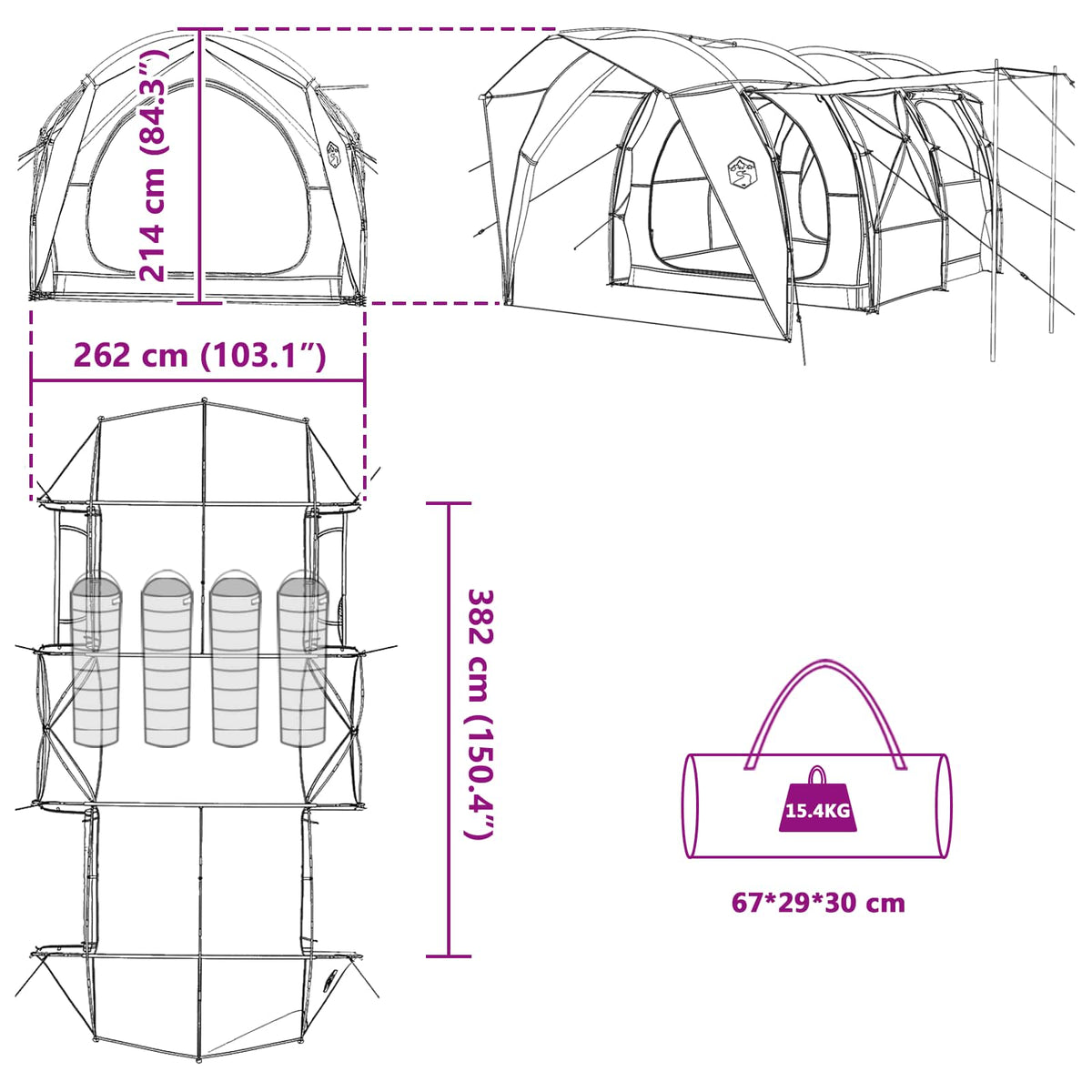 Tunnel Tent 4-Person Blue 185T Polyester with PU Coating