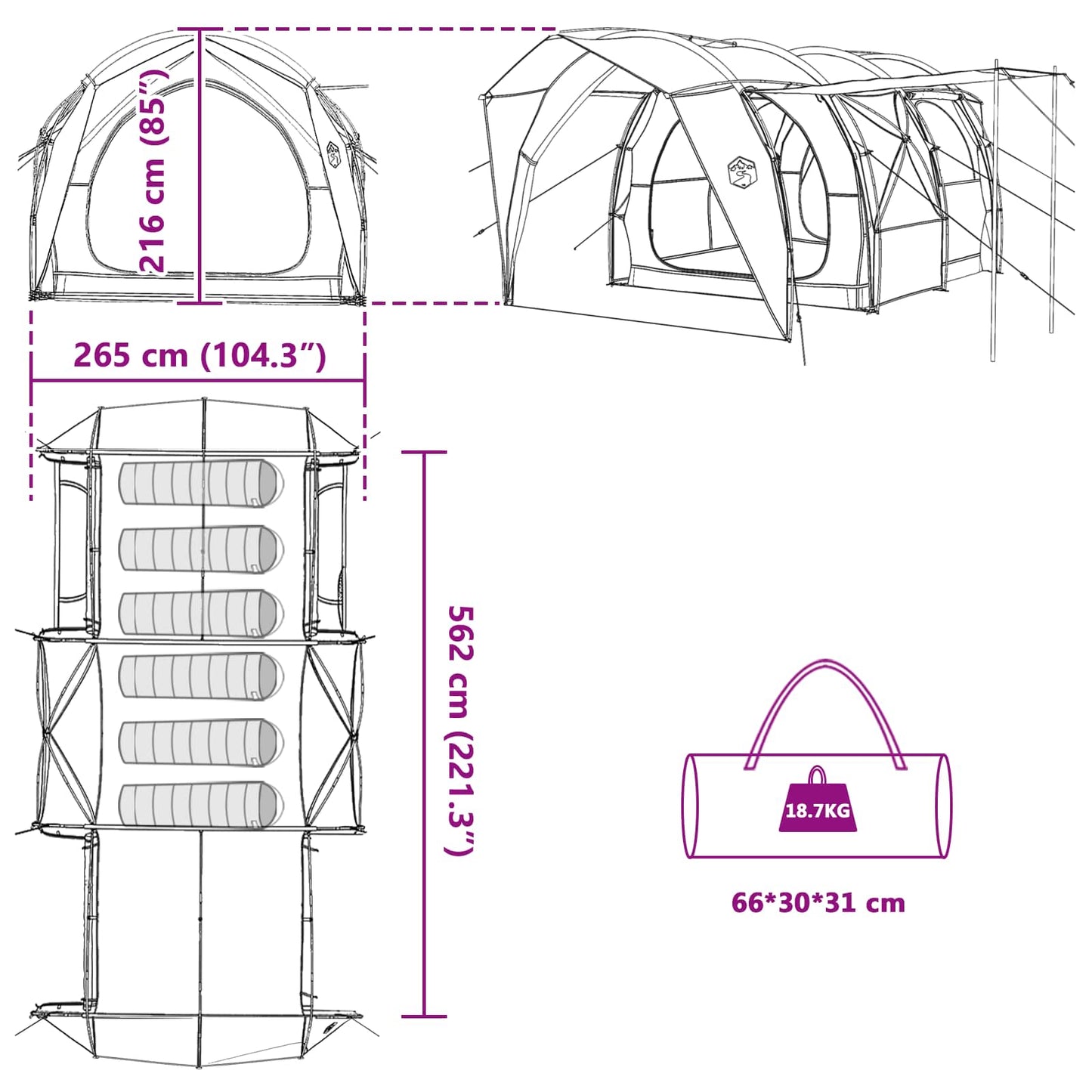 Tunnel Tent 6-Person Blue 185T Polyester with PU Coating