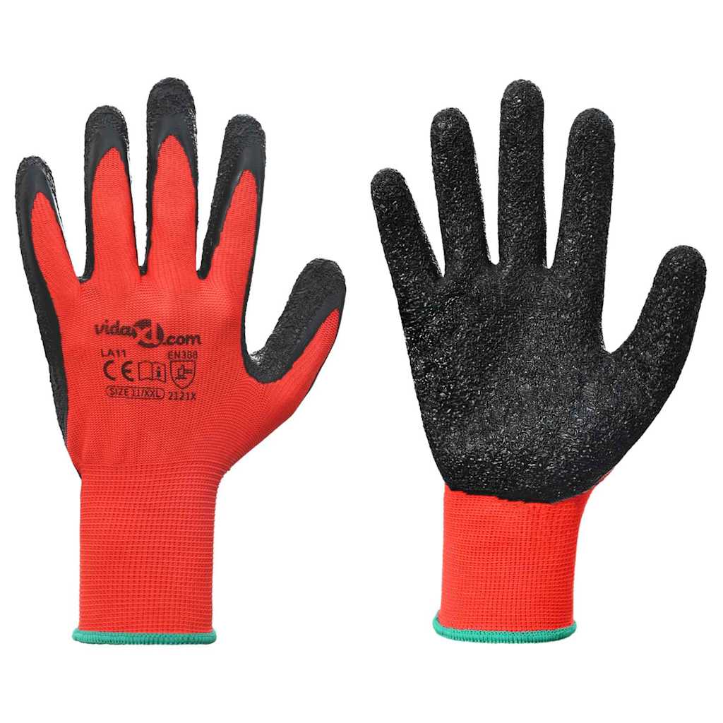 Work Gloves 12 pcs Red and Black 11 / XXL Latex Coating