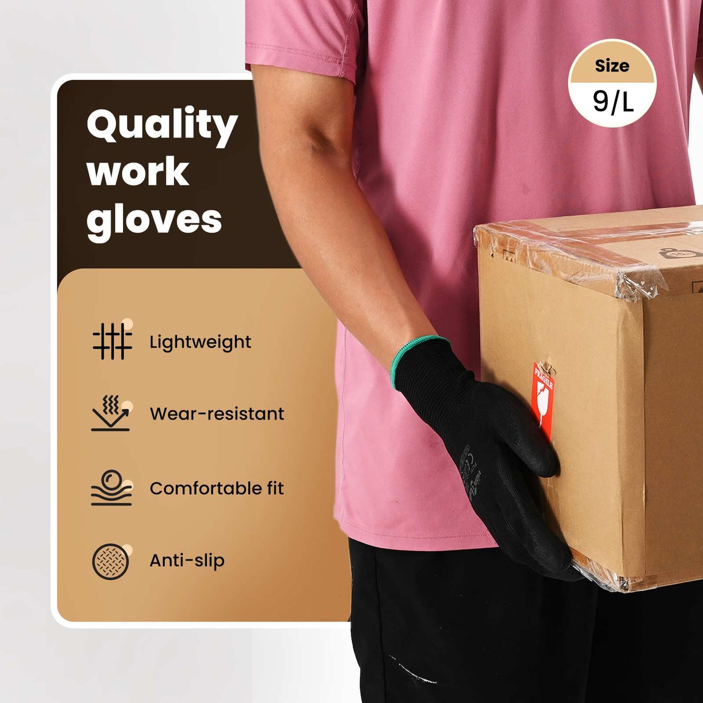 Work Gloves 12 pcs Black 9 / L Polyester
