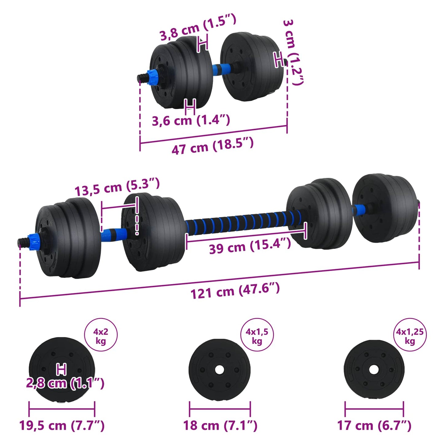 2-in-1 Dumbbell Set 30kg Black and Blue