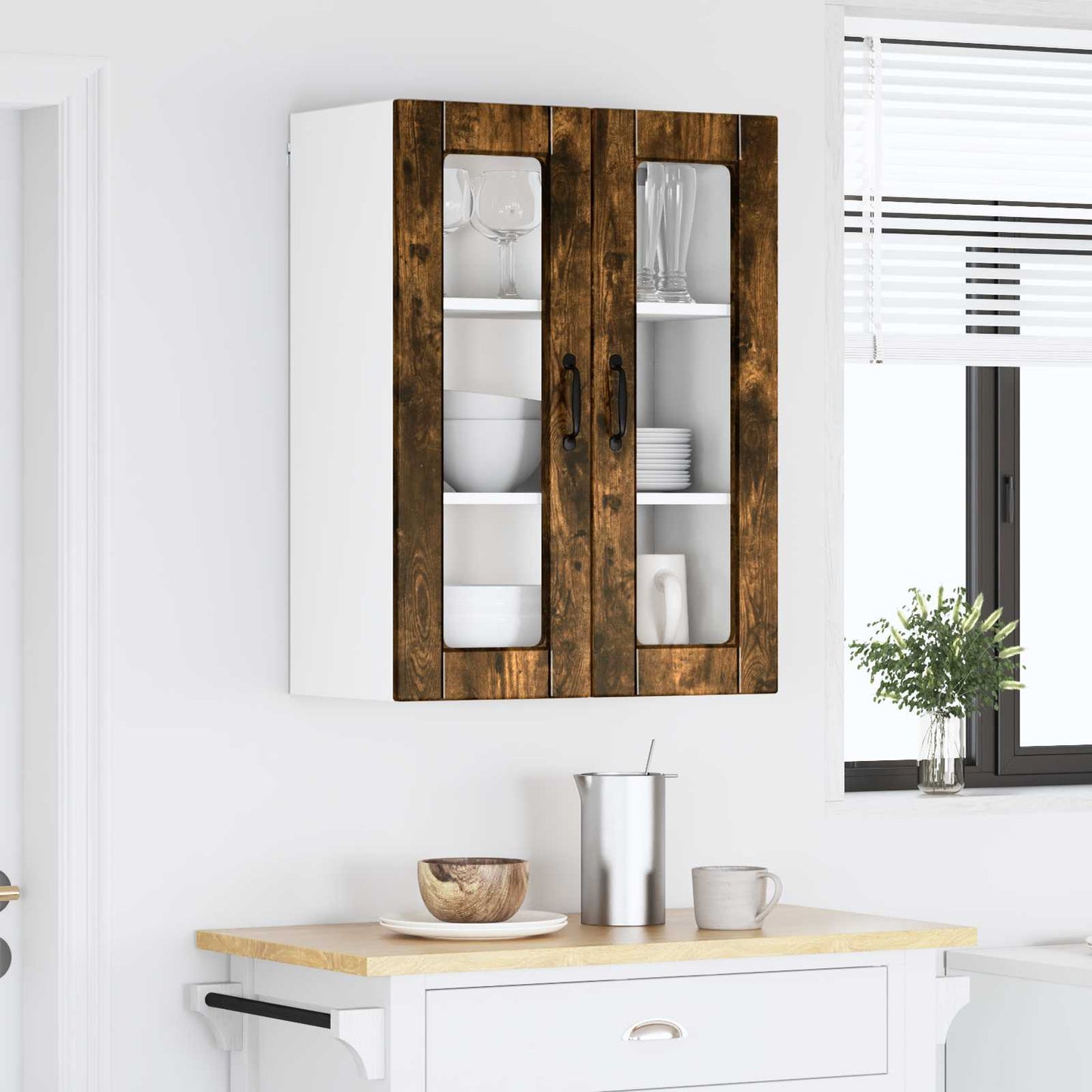 Wall Glass Cabinet PORTO Smoked Oak 60 x 31 x 80 cm