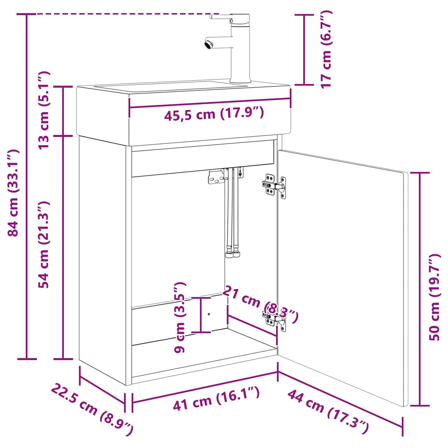 Bathroom Vanity Unit with Tap Black 45.5 x 22.5 x 84 cm