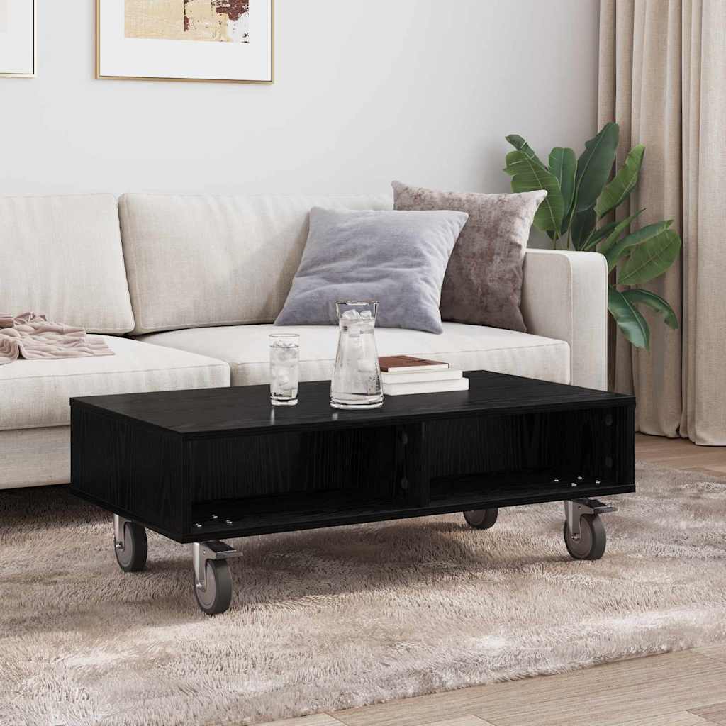 Side Table with Wheels Black Oak 90 x 50 x 30 cm