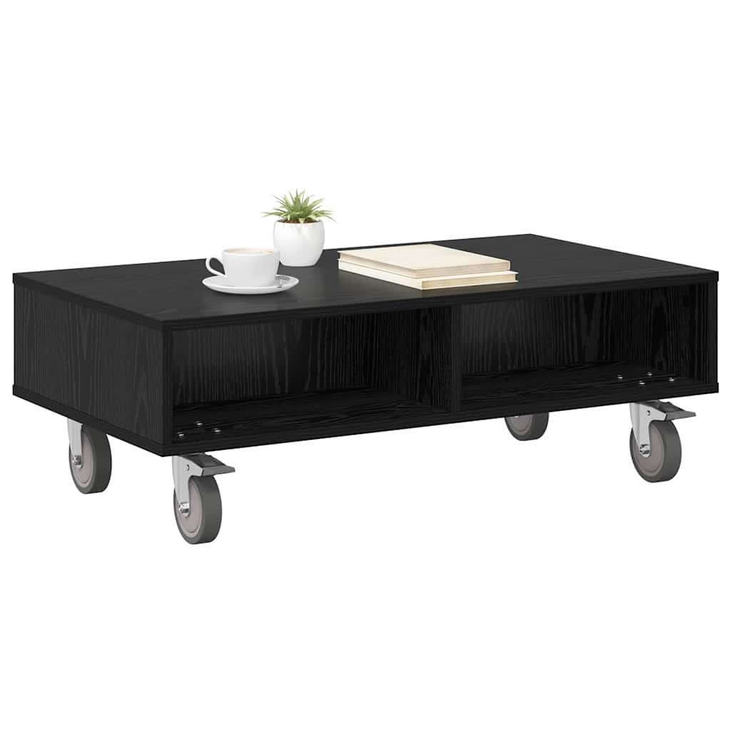 Side Table with Wheels Black Oak 90 x 50 x 30 cm